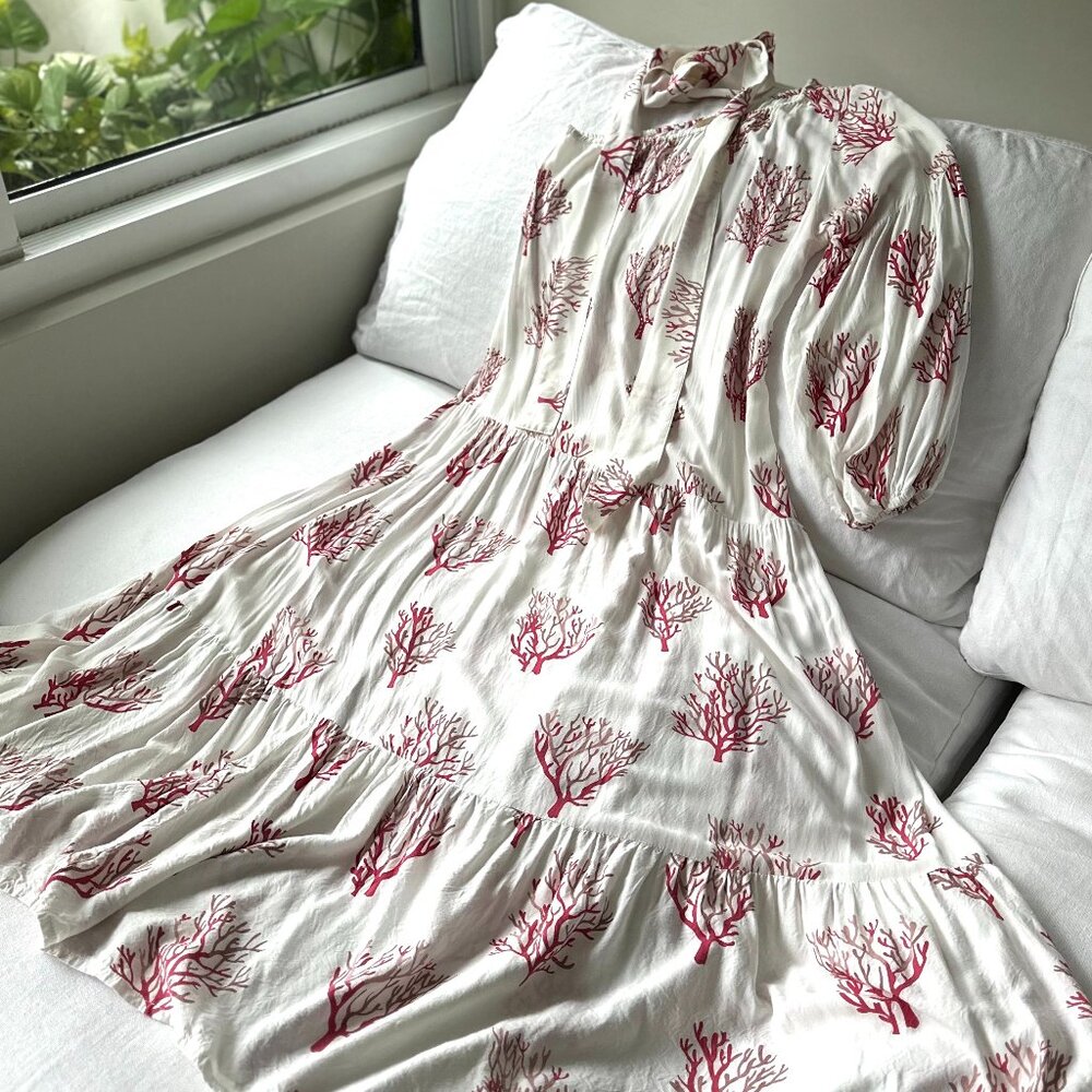 Skemo White Maxi Dress with Red Coral Embellishments